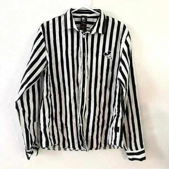 Disney X Forever 21 Mickey Mouse Shirt Slim Fit Stripe Long‎ Sleeve Large Mens - Picture 1 of 10